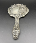 Vintage Art Nouveau  Embossed Floral Design Patina Silver Tone 11  Hand Mirror