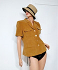 Chaus 100  Silk Blazer Camel Size 8 Woman Business Career Padded Lined Button B5