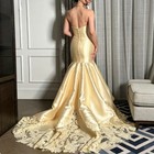 Champagne Satin Strapless Mermaid Evening Gowns Lace Hem Formal Prom Party Dress