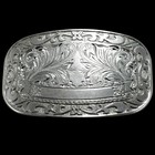 Engraved Western Style Belt Buckle Silver Tone Ornate Scroll Pattern Vintage