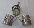 Set Of 3 Vtg Soviet Glass Holders Metal Coaster Tray Tea Cup Ussr Kitchen Decor