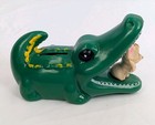 Vtg 1950s Green Plastic Alligator W mouse Bank Original Stopper Hong Kong Read