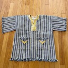 Unisex African Dashiki Tunic Blue Yellow Striped Pockets Embroidery Fringe