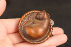 Lovely Japanese Boxwood Hand Carved Cat Figure Statue Netsuke Collectable