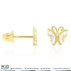 White Zircon Butterfly Baby Screw Back Stud Kid Earrings 14k Real Yellow Gold