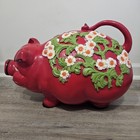 Vtg 1976 Universal Statuary Large Red Piggy Bank 19  Floral Plastic Pig  read 