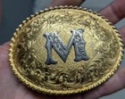 Vintage Western Belt Buckle  m  Golden Engraved Brass Bronze Cowboy Rodeo