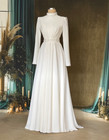 White Ivory Muslim Wedding Dresses Chiffon High Neck Beaded Simple Bridal Gowns