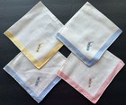 Nos Vintage Lot 4 Hankies Appliqu  d Embroidered Monogram F Pastels Linen Marks