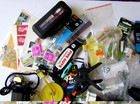 Junk Drawer Lot - 4  Lbs  - Coins  Stamps  Guitar Strap  Jewelry  Harmonica etc 