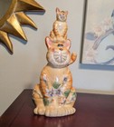 Vintage Pottery Ceramic Cat Mom   Kitten 9 5   t Floral Euc Glossy Orange Figurine