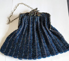 Antique Art Deco Iridescent Blue Beaded Knit Butterfly Filigree Frame Purse Bag