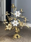 Pair Of Antique 19th Century  Brass Opal Glass Floral Candelabras