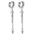 2pcs Men Women Long Dangle Cross Spike Huggie Hoop Stainless Steel Stud Earrings