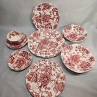 Vtg English Chippendale Johnson Red Pink 8 Piece Place Setting Bowl Plate Cup