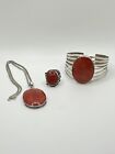 Sterling Silver 925 Red Sponge Coral Pendant  Cuff Bracelet And Size 7 Ring Euc