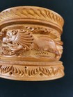 Vintage Hand Carved Round Wooden Trinket Box W lid Elephant-lion-gazelle 2 5   x3 