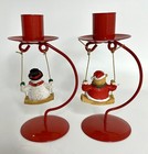 Vtg Christmas Candle Holders Teddy Santa And Snowman Swinging Red Holiday Decor