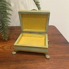 Vintage Green And Gold Decoupage Velvet Lined Footed Trinket Jewelry Box