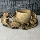 Vintage Chinese Carved Soapstone Brush Washer Pot Vase Monkeys Birds 8  Asian