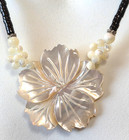 Vintage Lee Sands Mother Of Pearl Carved Flower   Black white Beaded Necklace