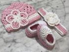 Handmade Crochet Baby Newborn 0-3 Month Hat Headband Shoes Pink Set