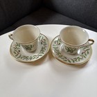 Pair Of Lenox Holiday Dimension Footed Tea Cups   Saucers Holly Berry Gold Trim