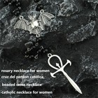 Ankh Cross Bat Necklace Religious Grunge Gothic Vampire Black Long Rosary Beaded