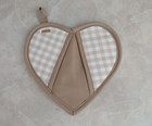 Set Of Two Heartshaped Potholders With Finger Pockets  Tan And White Homespun