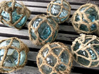 7 Authentic Japanese Glass Fishing Floats Original Hemp Nets 3 5-4  Aqua