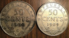 1908 1909 Lot Of 2 Newfoundland Silver 50 Cents Coins