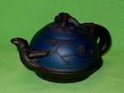 Vintage Chinese Clay Teapot W  Flowering Branches  Blue   Black  2 Maker s Marks