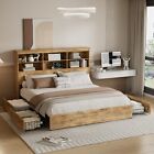 Full Queen King Bed Frame W bookcase Headboard storage Drawer   Charging Station