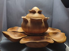 Vintage Mcm Hand Carved Monkey Pod Lotus Serving Bowl Set
