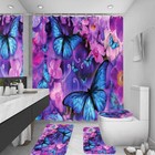 4pcs Butterfly Shower Curtain Set Bathroom Rug Mat Toilet Cover Lid Bath Decor