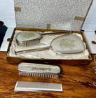 Vintage 1950 s Vanity Brush  Comb  Hand Mirror White   Silver Set
