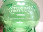 Vintage Clear Green Plastic Piggy Coin Bank Advertising Citizens First Bank