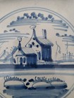 Antique Cobalt Blue Delft Ceramic Tile House Coastal Scene 17 - 19th C