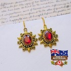 Vintage Gold Filigree Earrings     Red Rhinestone Tudor Jewelry     Antique Gift