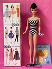 1961 Brunette Ponytail Barbie  5 Doll Swimsuit Earrings Glasses Shoes  850 Box
