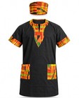Black Kente Print Unisex Dashiki Shirt  cap Set  Short Sleeve Pockets Tunic Top