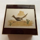 Vintage Otagiri Black Lacquerware Coaster Set 6 Coaters   Box Roadrunner Design