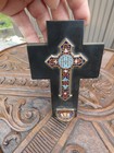Antique French Cloisonne Enamel Onyx Marble Crucifix Holy Water Font Plaque