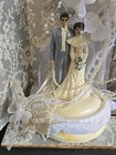 Vintage Wilton Wedding Cake Topper 9  Bride Groom White Floral Lace