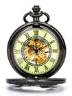 Vintage Mechanical Pocket Watch Black Skeleton Dial Luminous Steampunk - Gifts