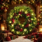 22 In Pre-lit Christmas Wreath Red Berries Ornaments 20 Led Front Door Decor