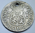 1758-lm Jm Spanish Peru Silver 1 Reales Holed Genuine 1700 s Pirate Pillar Coin