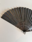 Antique Victorian Lady s Hand Fan Mourning Black Painted Paper   Wood 19th C 