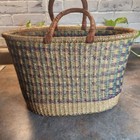 Vtg Handmade African Bolga Basket - Colorful 11x13x7  With Leather Handles Large