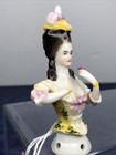 3 5    Antique German Bisque Half 1 2 Doll Lady Feathery Hat Holding Flower  cc